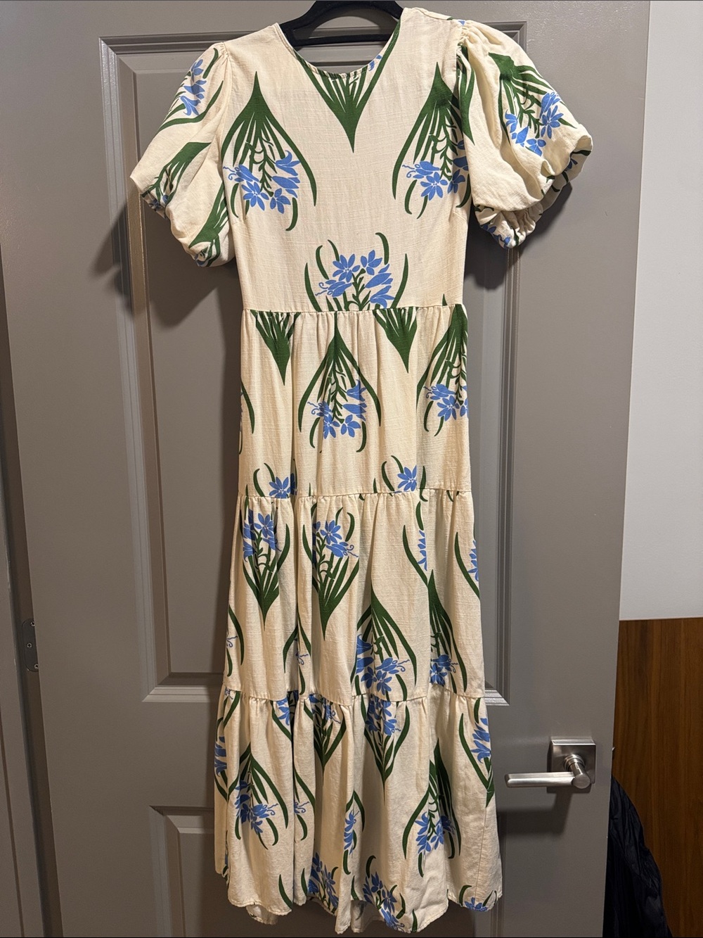 Zara Cream Maxi Dress with Blue Floral & Green Leaf Print